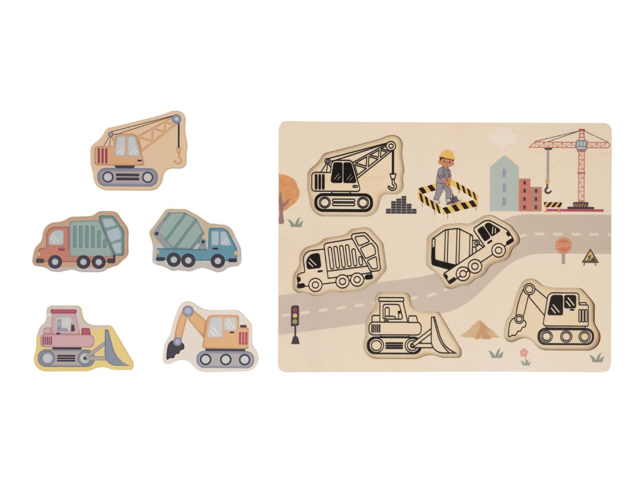 Wooden construction vehicle puzzle with six removable pieces and a construction site background.