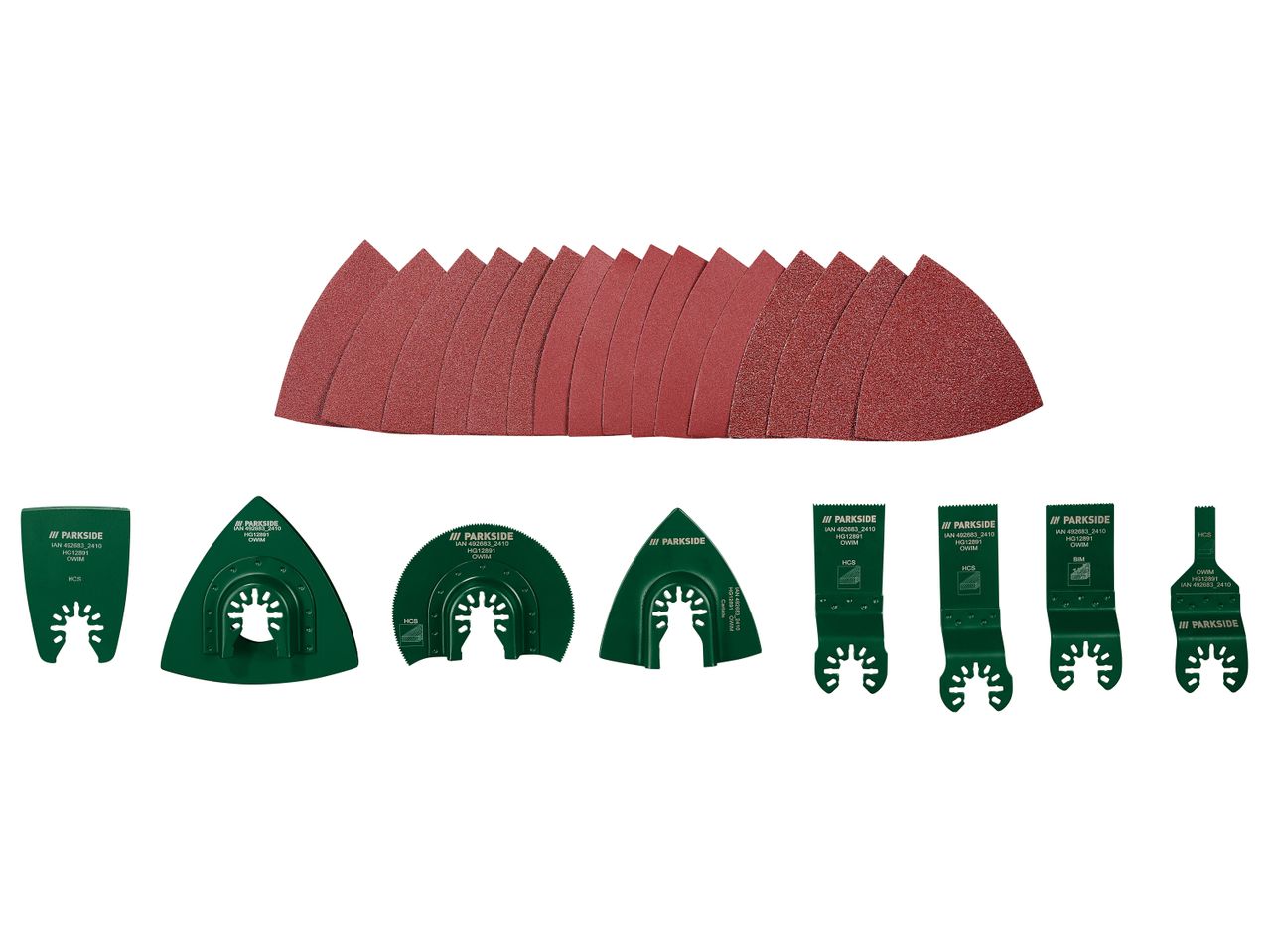 A set of 24 pieces of Multi-Purpose Tool Accessories, like blades and sanding pads.