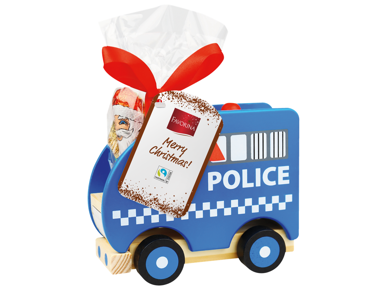 Favorina Ziemassvētku dāvana ar šokolādes Santu koka policijas automašīnā.