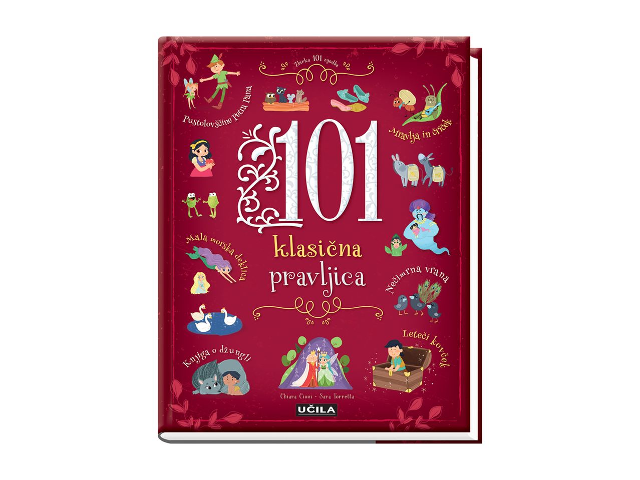 Rdeča knjiga z ilustracijami pravljic, kot so Peter Pan, Mala morska deklica in Knjiga o džungli.
