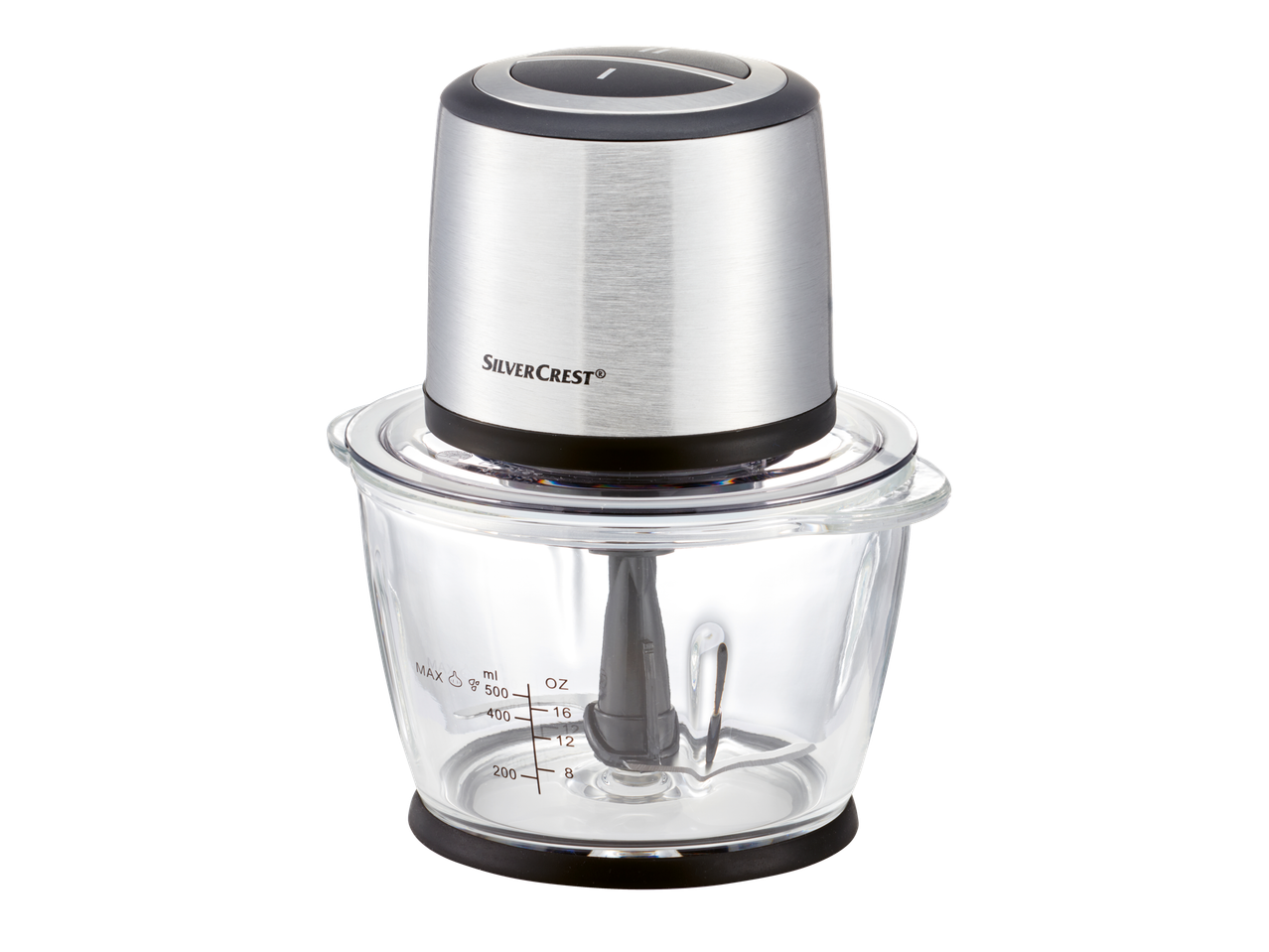 Robot culinaire SilverCrest avec bol en verre.