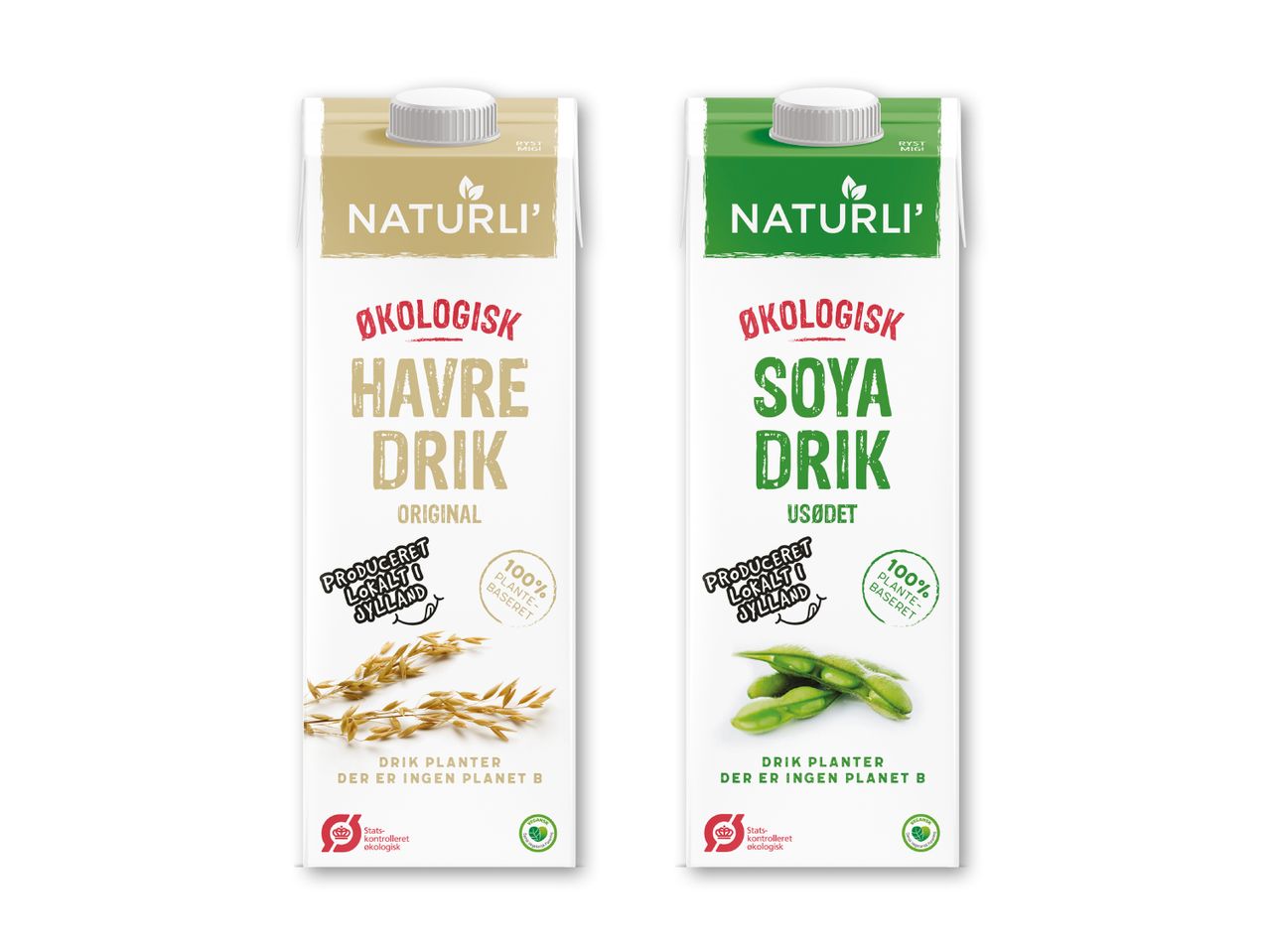 To Naturli' plantebaserede drikkevarer: en havre- og en sojadrik.