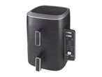Black dual-basket air fryer with digital display showing temperature and cooking modes.
