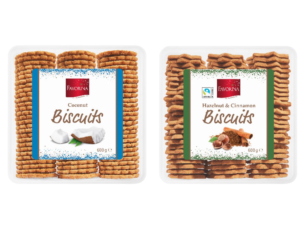 Favorina cepumi: kokosriekstu un lazdu riekstu ar kanēli, 600 g.