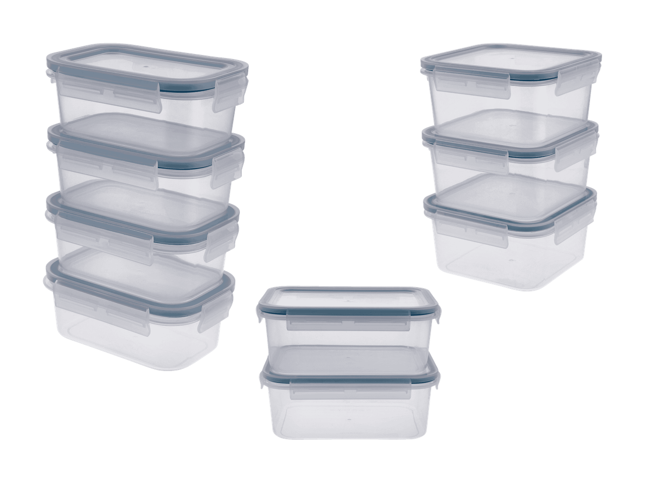 Récipients alimentaires transparents empilés avec couvercles gris et joints bleus.