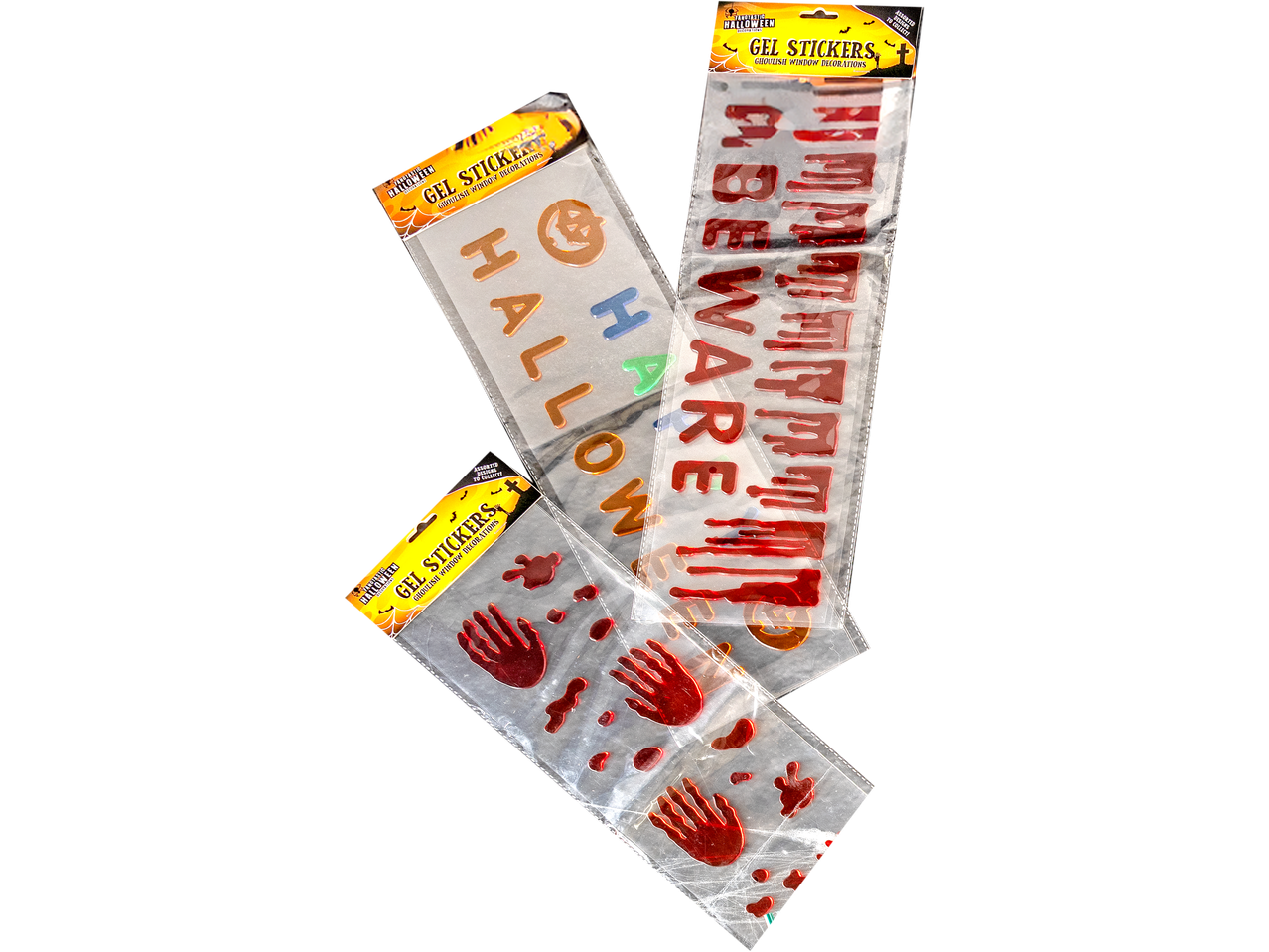 Three packages of Halloween gel stickers, including 'Beware' and 'Halloween' text, and bloody handprints.