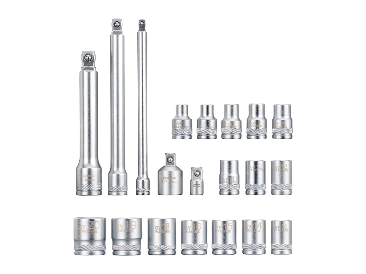 A set of silver-colored socket wrenches and extension bars, ranging from 6mm to 20mm.
