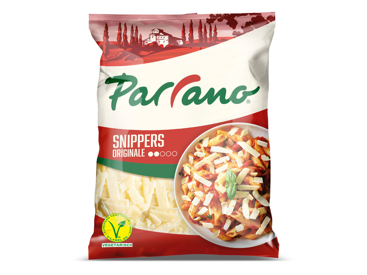 Zak geraspte kaas met een afbeelding van pasta met tomatensaus en kaas.