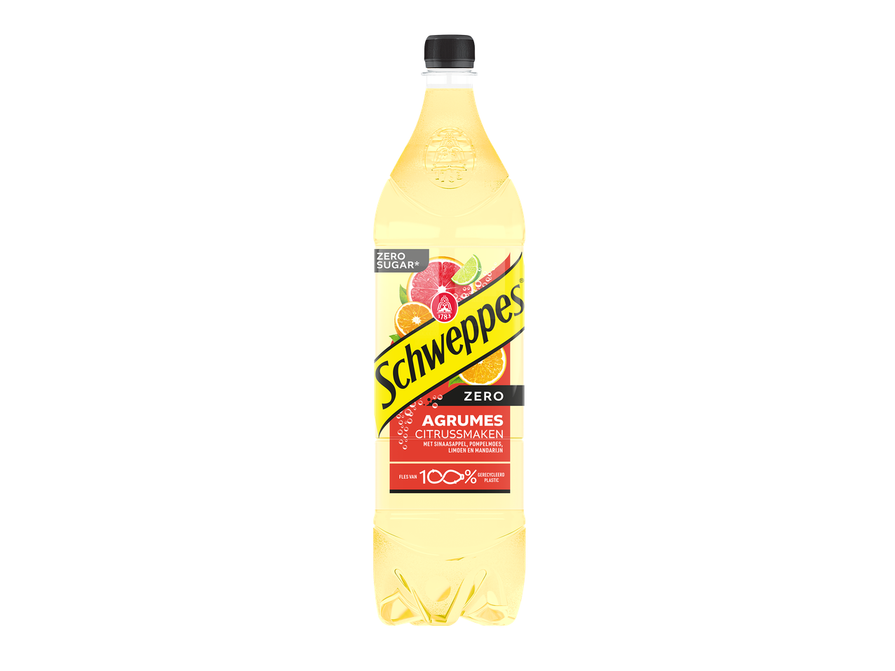 Fles citrusfrisdrank met nul suiker, met sinaasappel, pompelmoes, limoen en mandarijn.