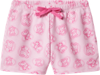 Pink kids' jersey shorts with a Peppa Pig print and a decorative pink bow.