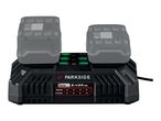 Parkside X 20V Team dual battery charger with two batteries.
