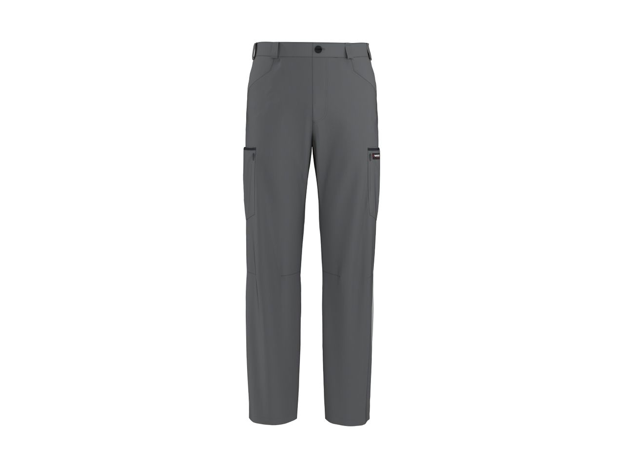 Dark grey men's cargo trousers with side pockets and a black button closure.