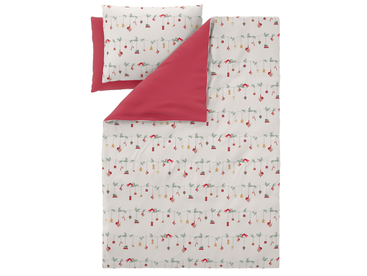 LIVARNO satenska posteljina s uzorkom božićne girlande i crvenom poleđinom