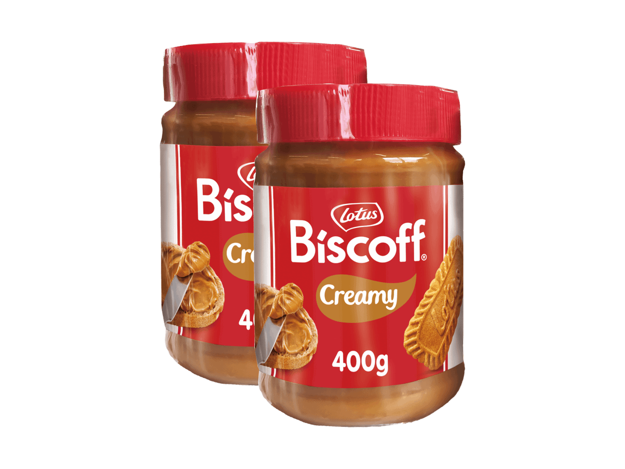 Due vasetti di crema spalmabile al biscotto, con etichetta rossa e tappo rosso, su sfondo nero.