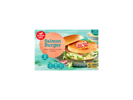 Ambalaj Ocean Sea pentru burger de somon cu un burger de somon gătit pe o chiflă.