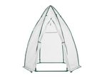 Small pointed greenhouse with a zippered door and green frame