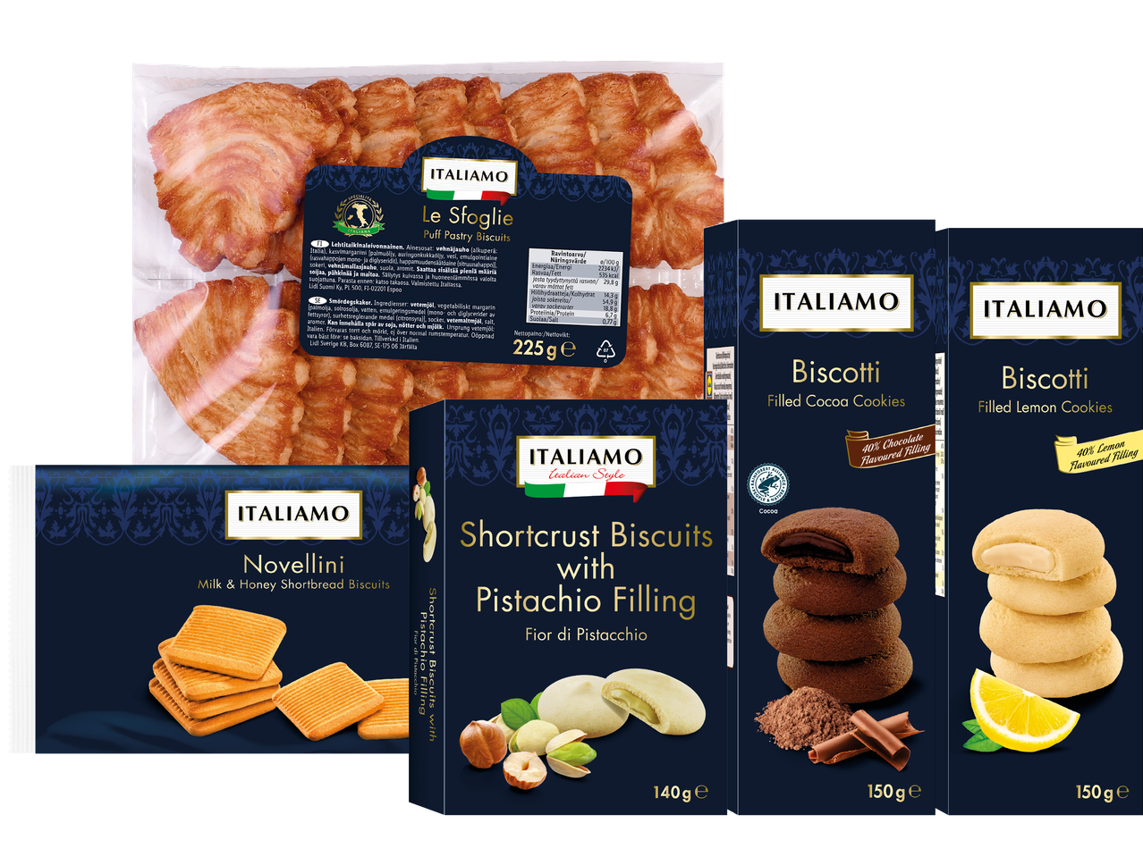 Italimo kakor: Smördeg, pistagefyllda kakor och kakaofyllda/citronfyllda kakor.
