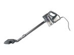 Grey stick vacuum cleaner with a clear dustbin and a floor nozzle.