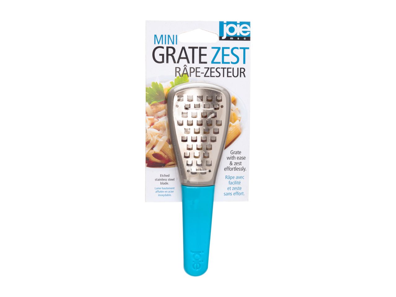 A blue-handled mini grate zest grater by Progressive International.