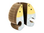 Cardboard cat scratcher shaped like two fish with yellow heads and light blue bodies