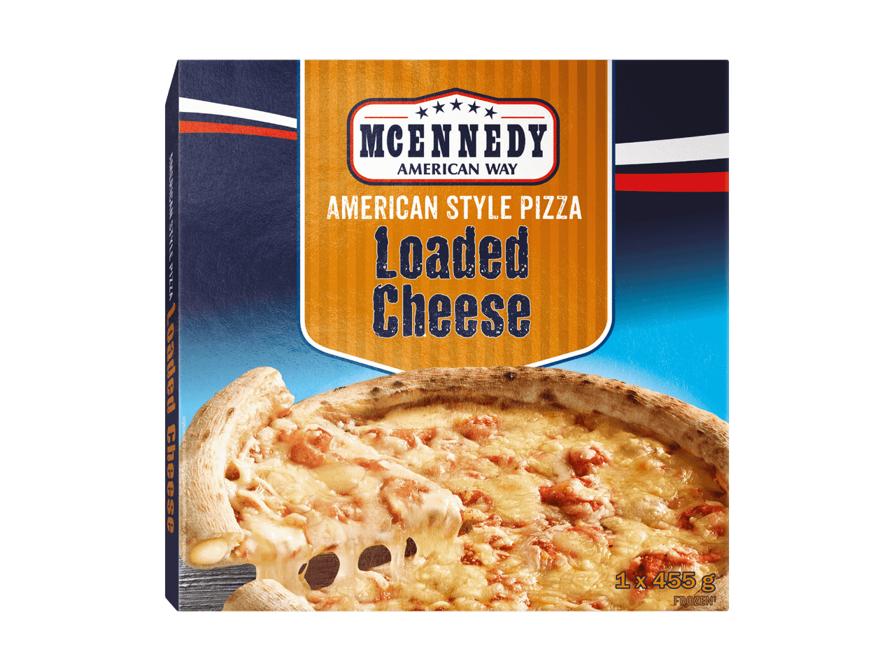 Pizza américaine très fromagère dans un emballage, 1 x 455 g, surgelée.
