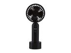 Black portable fan with a round head and a base, standing upright.