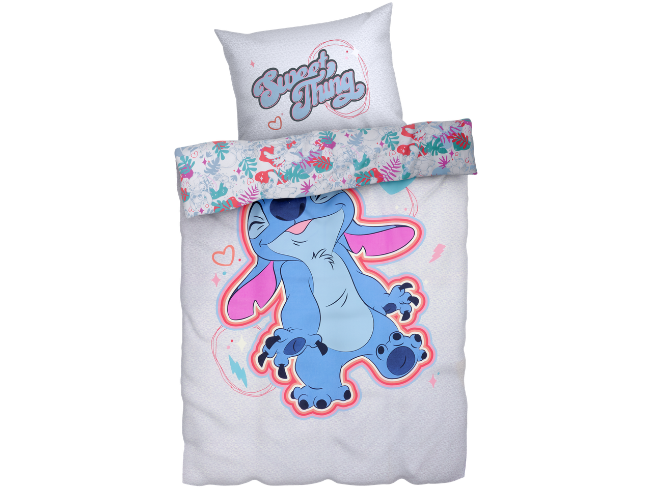 Stitch duvet cover set with a pillowcase and tropical pattern.