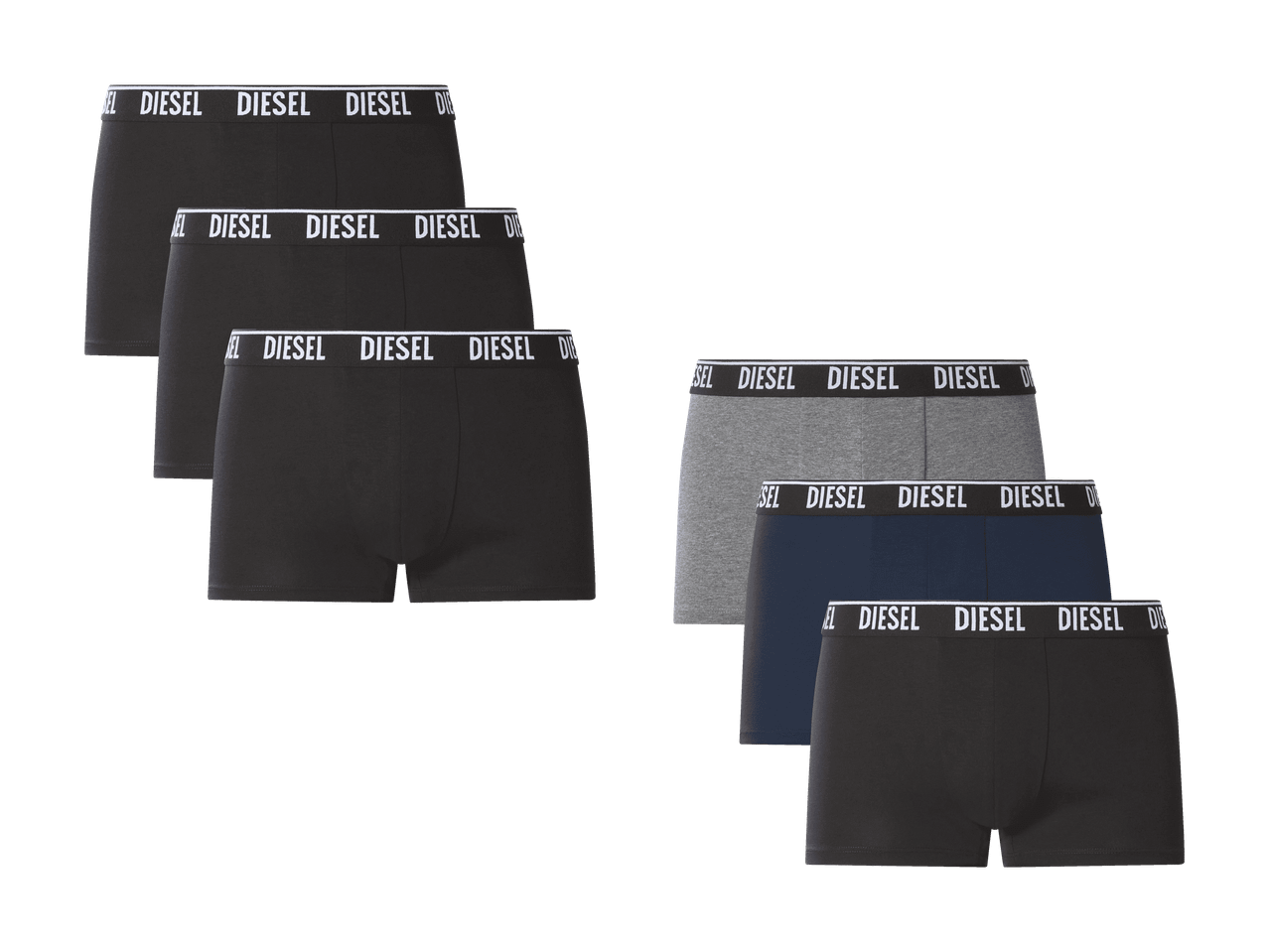 Lot de six boxers pour hommes, trois noirs et trois en gris, bleu et noir, avec ceinture logotée.