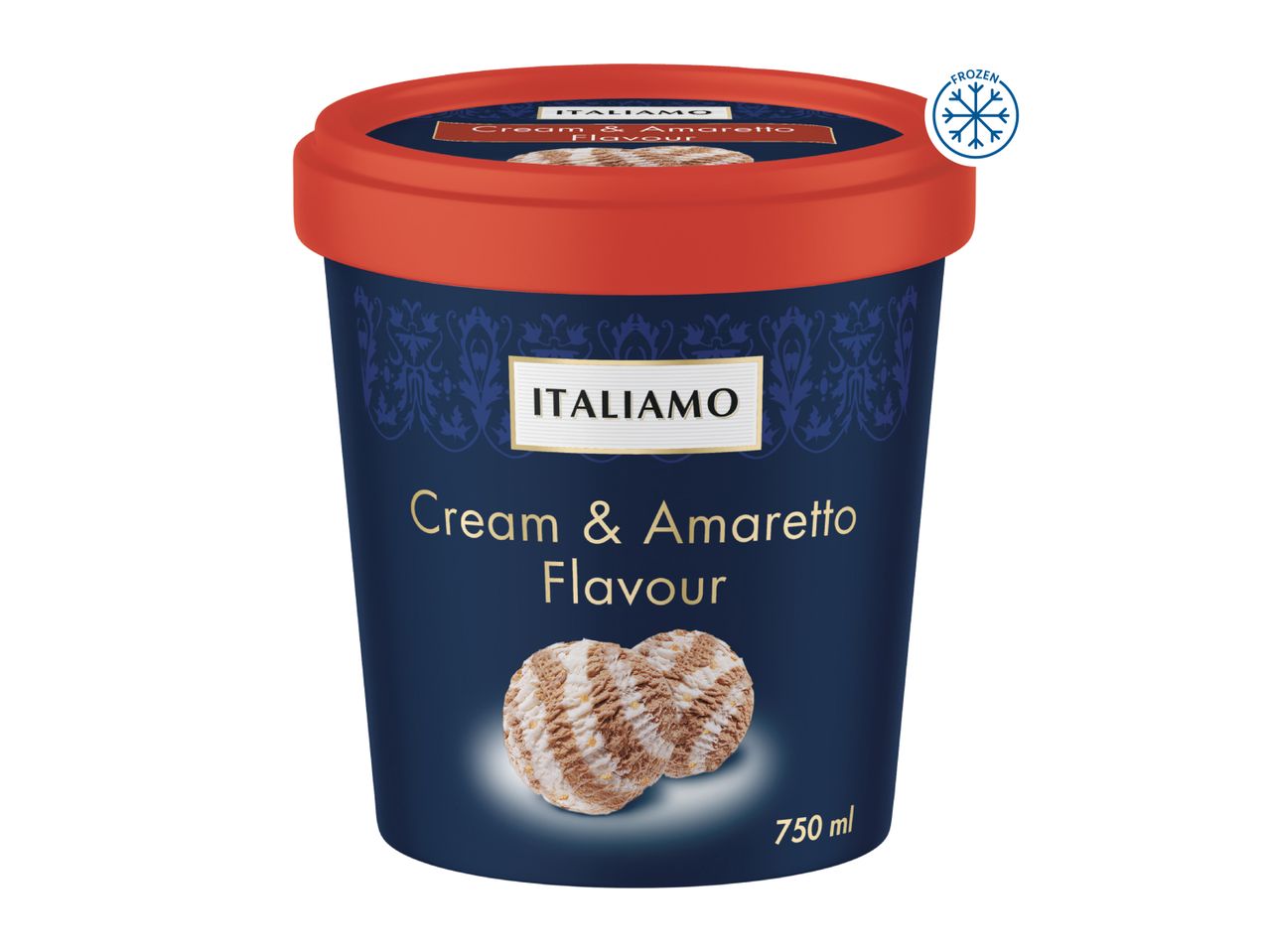 A tub of cream and amaretto flavour ice cream with two scoops and a frozen symbol.