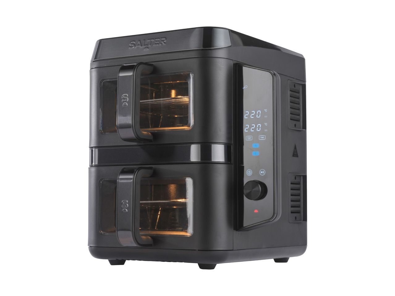 Salter dual air fryer with digital display and two cooking compartments.