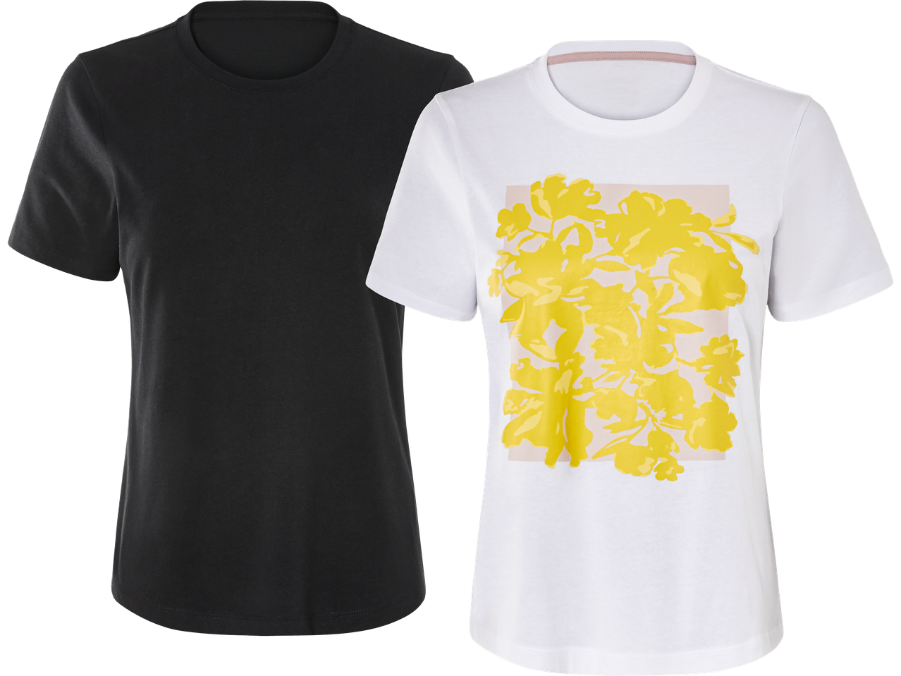 Två t-shirts, en svart och en vit med gula blommor.