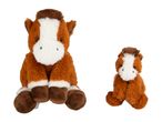 Two brown and white horse plush toys, one large and one small, sitting on a white background.