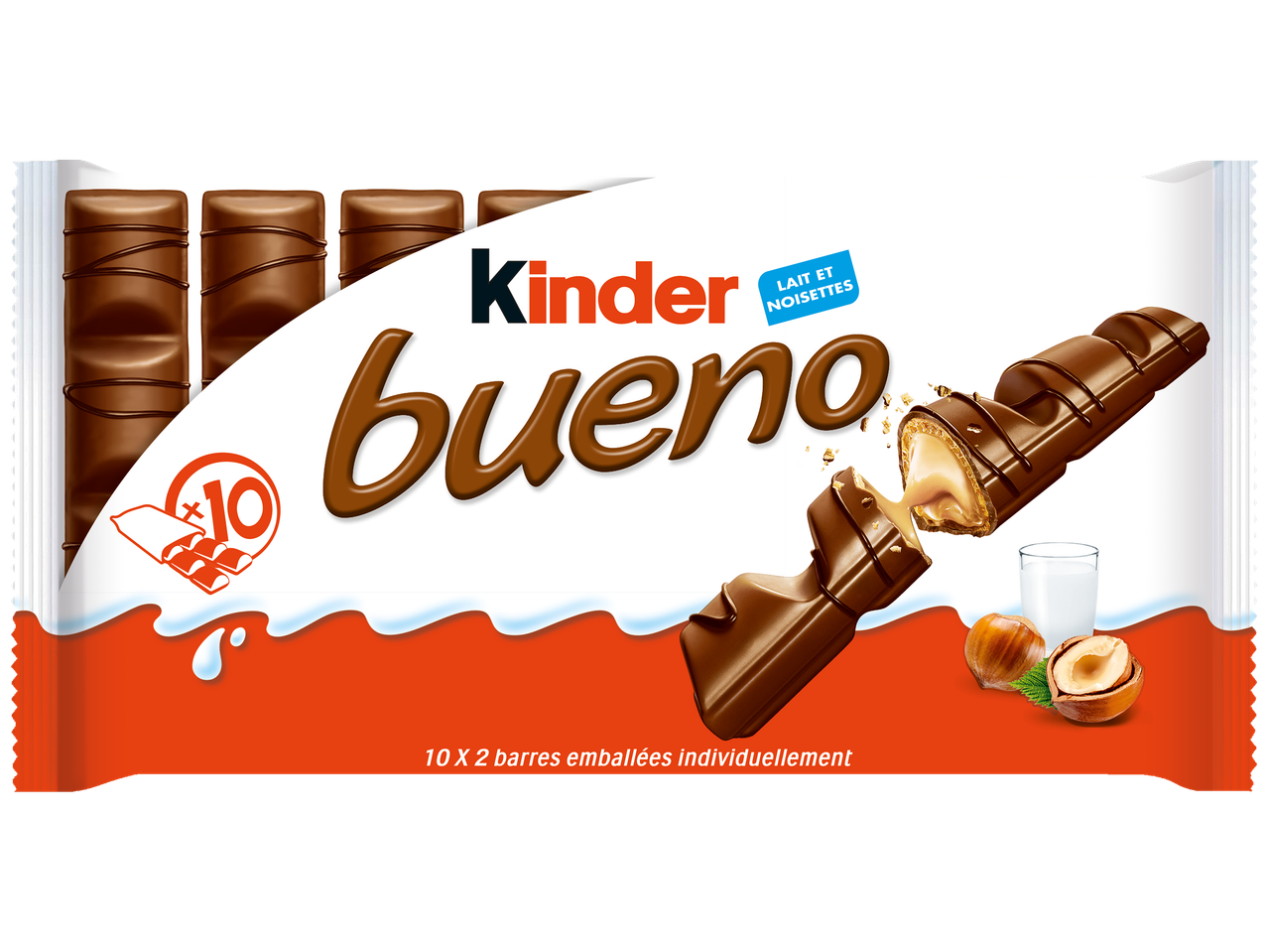 Barres chocolatées fourrées au lait et noisettes, emballées individuellement.