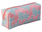 Crelando Pencil Case with a pink and teal floral pattern and a pink zipper