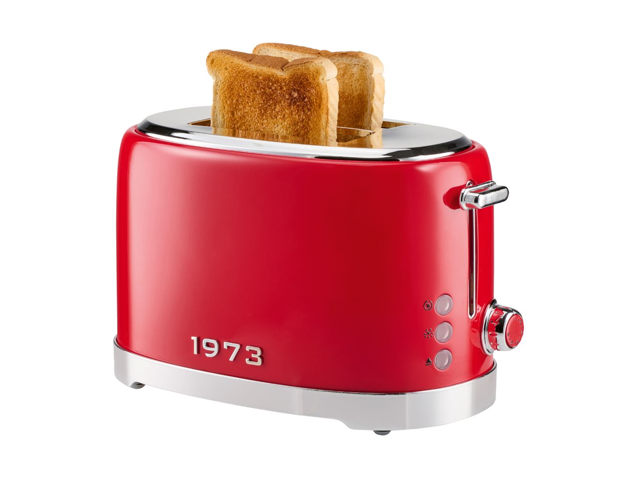 A red toaster with two slices of golden-brown toast, featuring chrome accents and control buttons.