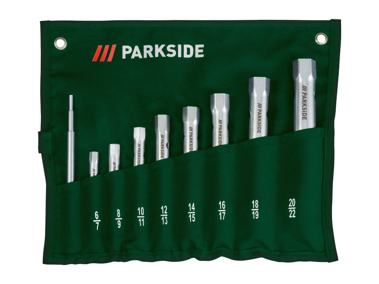 A set of 8 double-ended socket wrenches and a handle in a green fabric roll-up pouch.