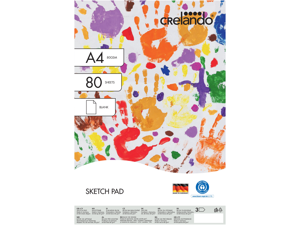 CRELANDO A4 zīmēšanas bloks, 80 tukšas 80 g/m² lapas ar krāsainiem roku nospiedumiem.