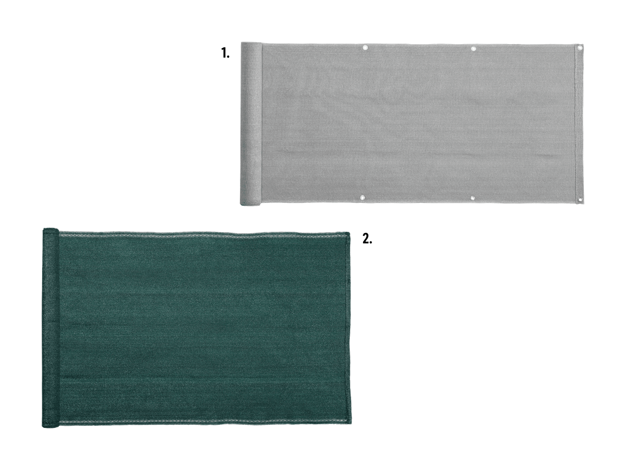 Zwei Sichtschutzplanen, eine graue und eine dunkelgrüne, teilweise aufgerollt.