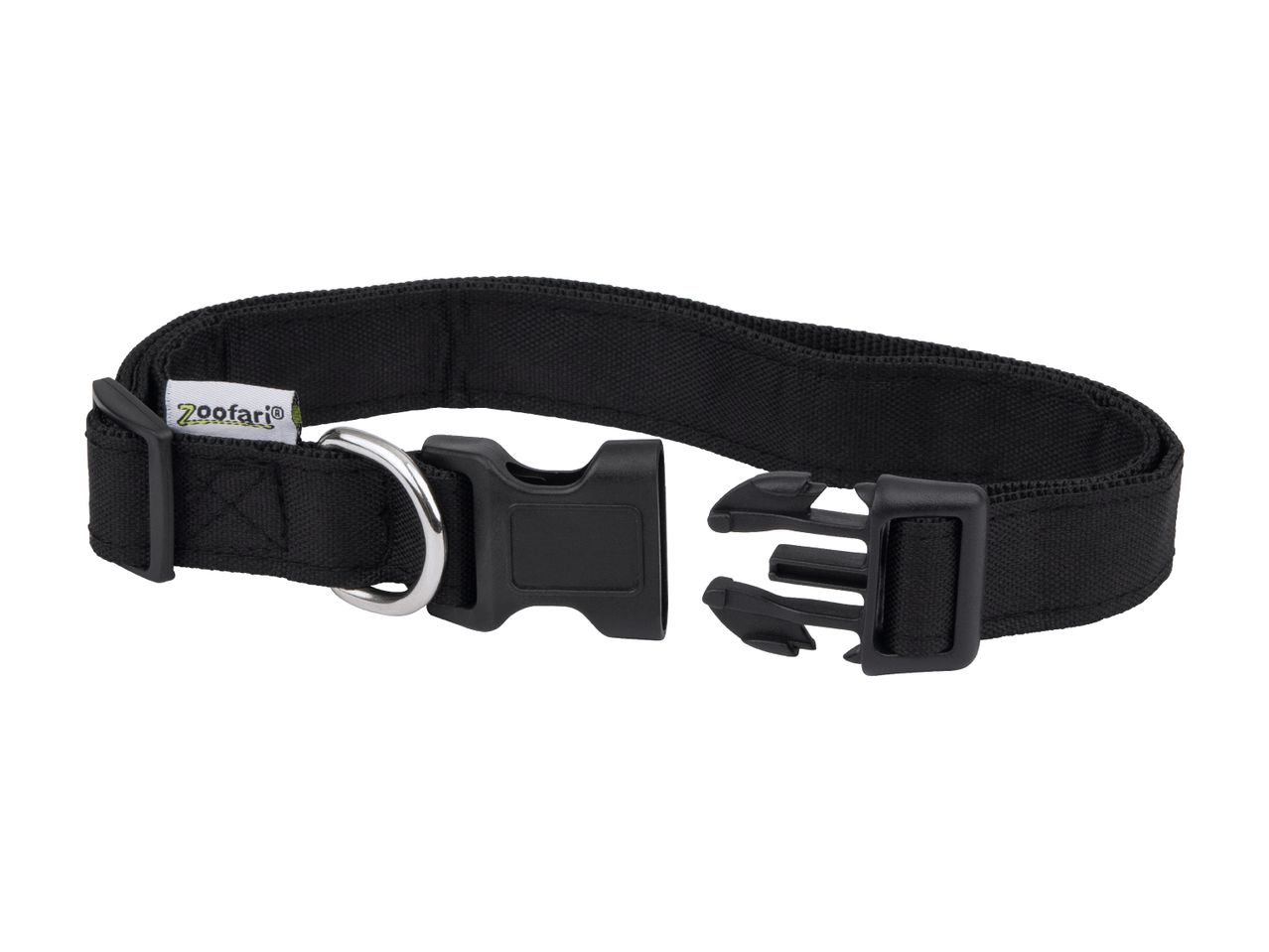 A black ZooFari dog collar with a plastic buckle and D-ring.