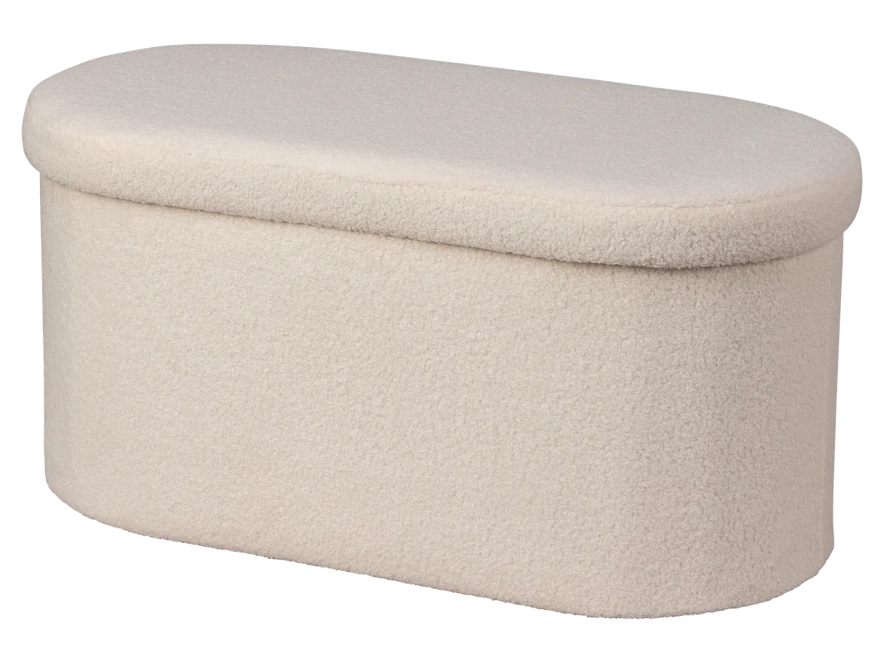 LIVARNO home Storage Ottoman, upholstered in cream-colored bouclé fabric, with an oval shape.