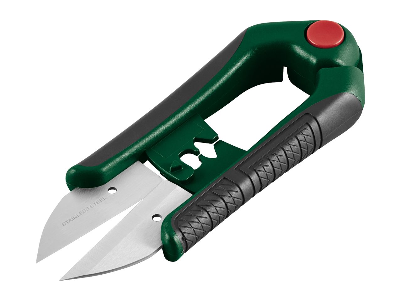 Green and black garden snips with stainless steel blades and a red safety button.