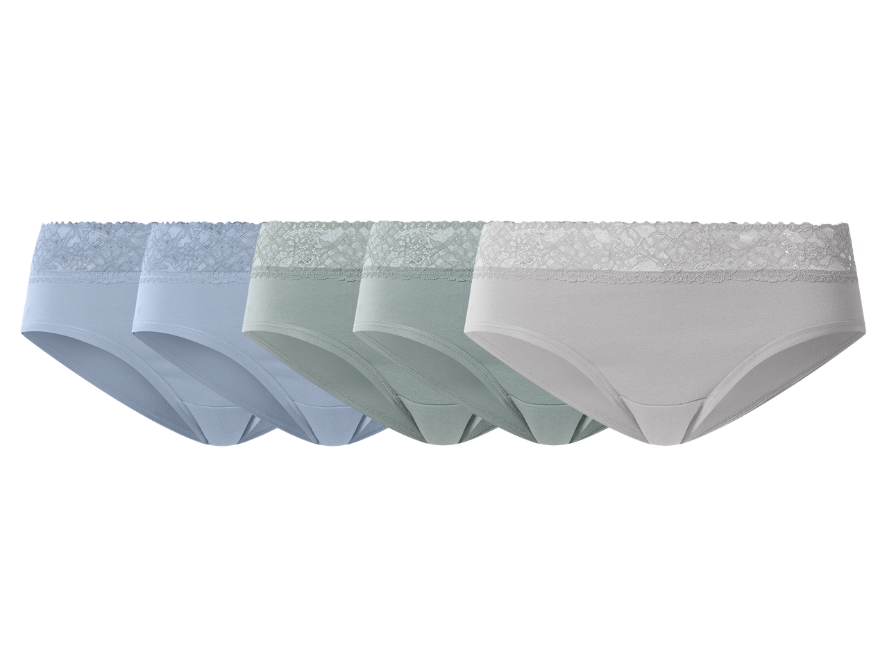 Pet ženskih gaćica s čipkom u plavoj, zelenoj i sivoj boji.