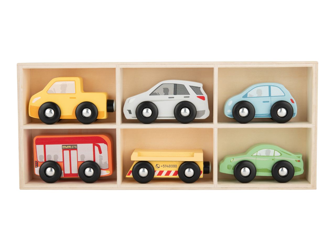 Wooden toy vehicles in a wooden box, including a yellow pickup, white SUV, blue car, orange bus, yellow flatbed truck, and green sports car.