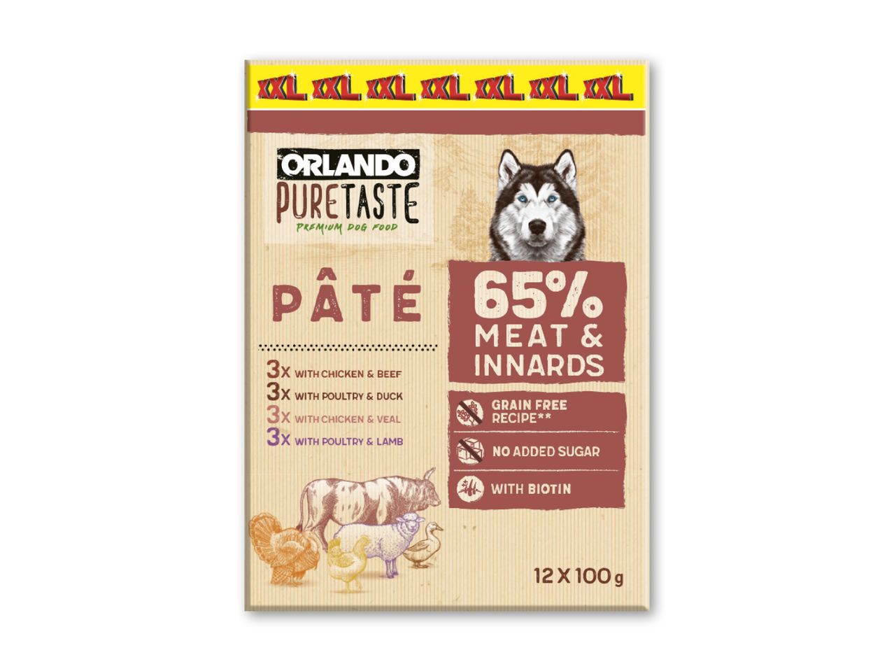 Orlando Puretaste hundefoder med 65% kød og indmad, kornfri og uden tilsat sukker.
