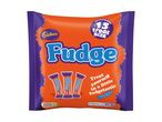 Cadbury Fudge multipack with 15 treat-size bars, featuring an orange and purple design.