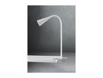 A white clamp-on desk lamp with a flexible neck and conical shade.