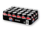 En bakke med 24 sorte sukkerfri sodavandsdåser med rød og hvid branding.