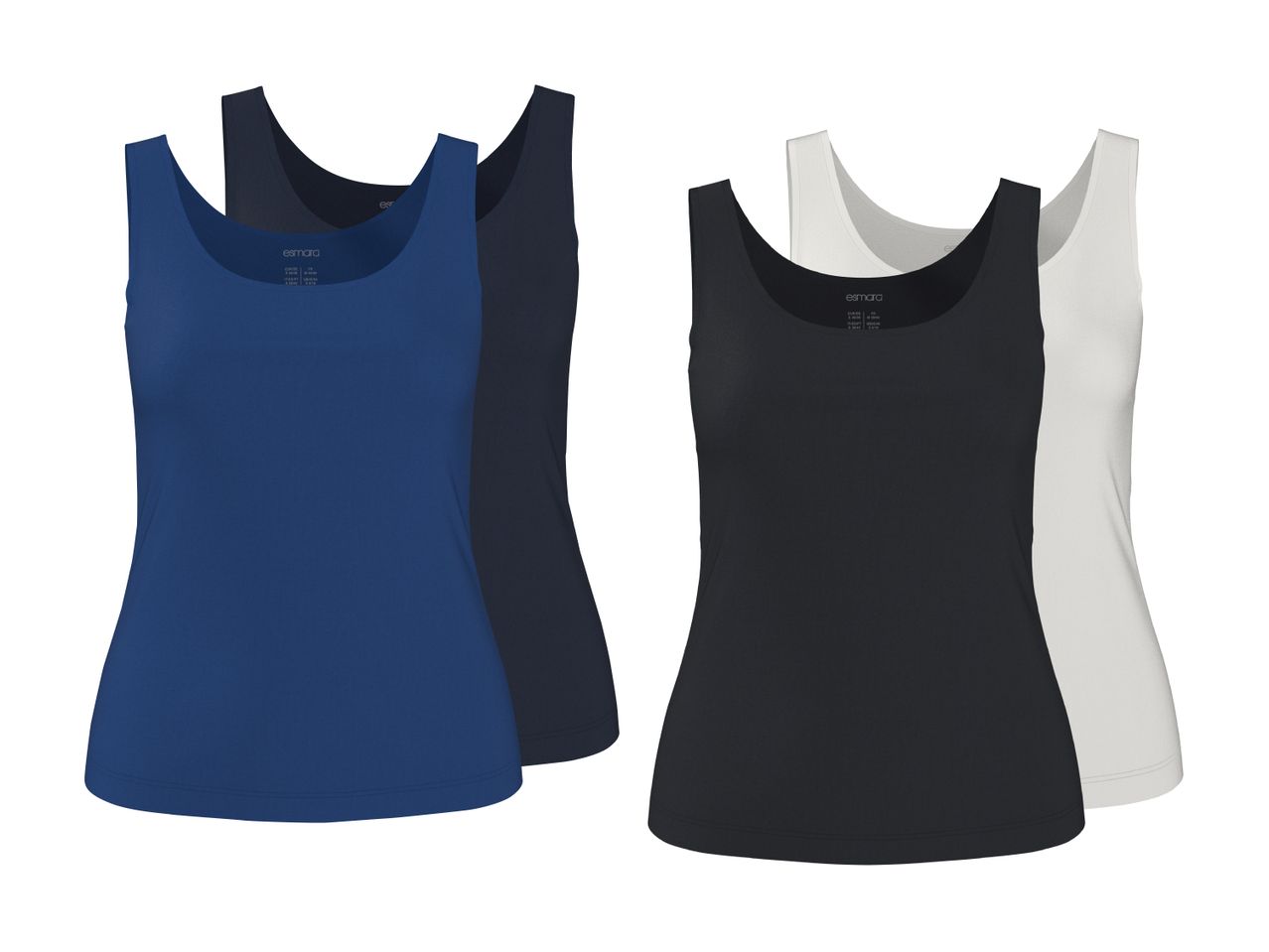 Fire tanktoppe i blå, mørkeblå, sort og hvid med størrelsesmærker.
