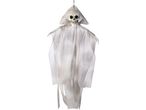Fantasma scheletro appeso con cappuccio bianco e braccia scheletriche