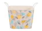 Beige plastic storage basket with handles and a colorful leaf pattern